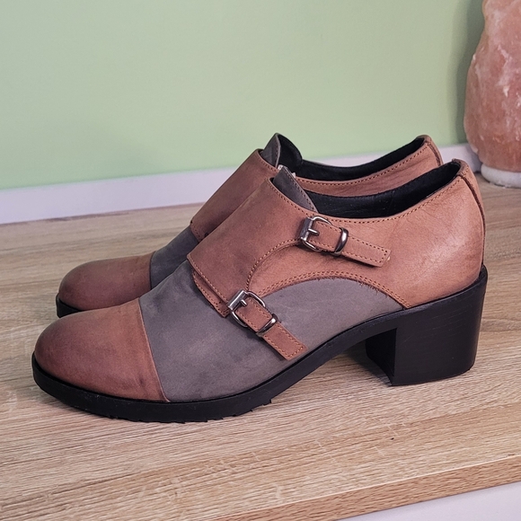 Women's Tan and Gray Leather Buckle Shoes Chunky Heel Grandpacore 39 - Picture 3 of 13